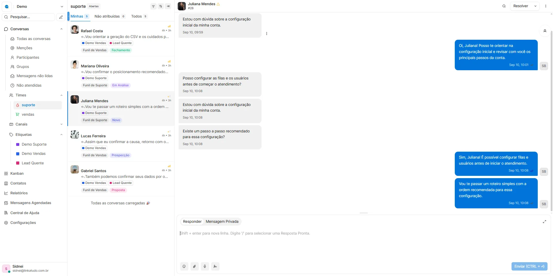 Fila de atendimento do Chat Linkatudo com equipe de suporte, conversas e prioridades.