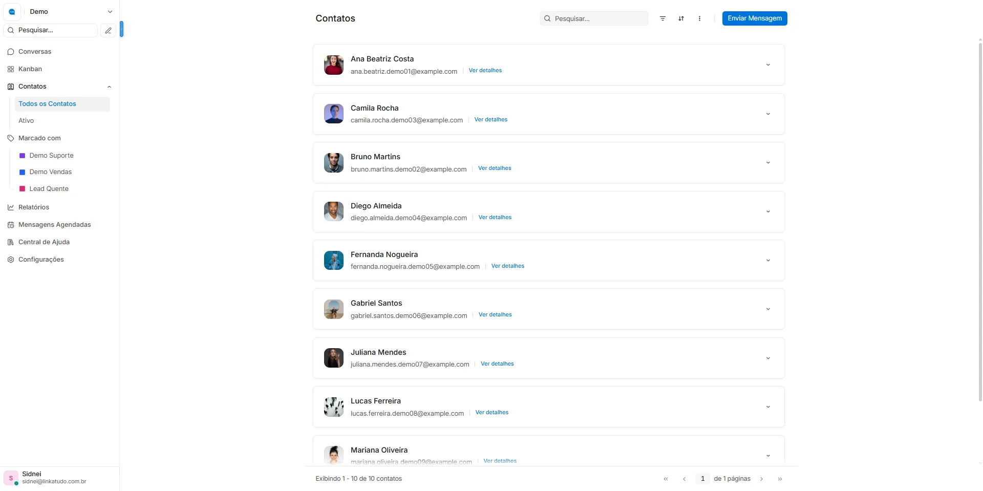 Lista de contatos do Chat Linkatudo com dados e acesso aos detalhes de cada cliente.