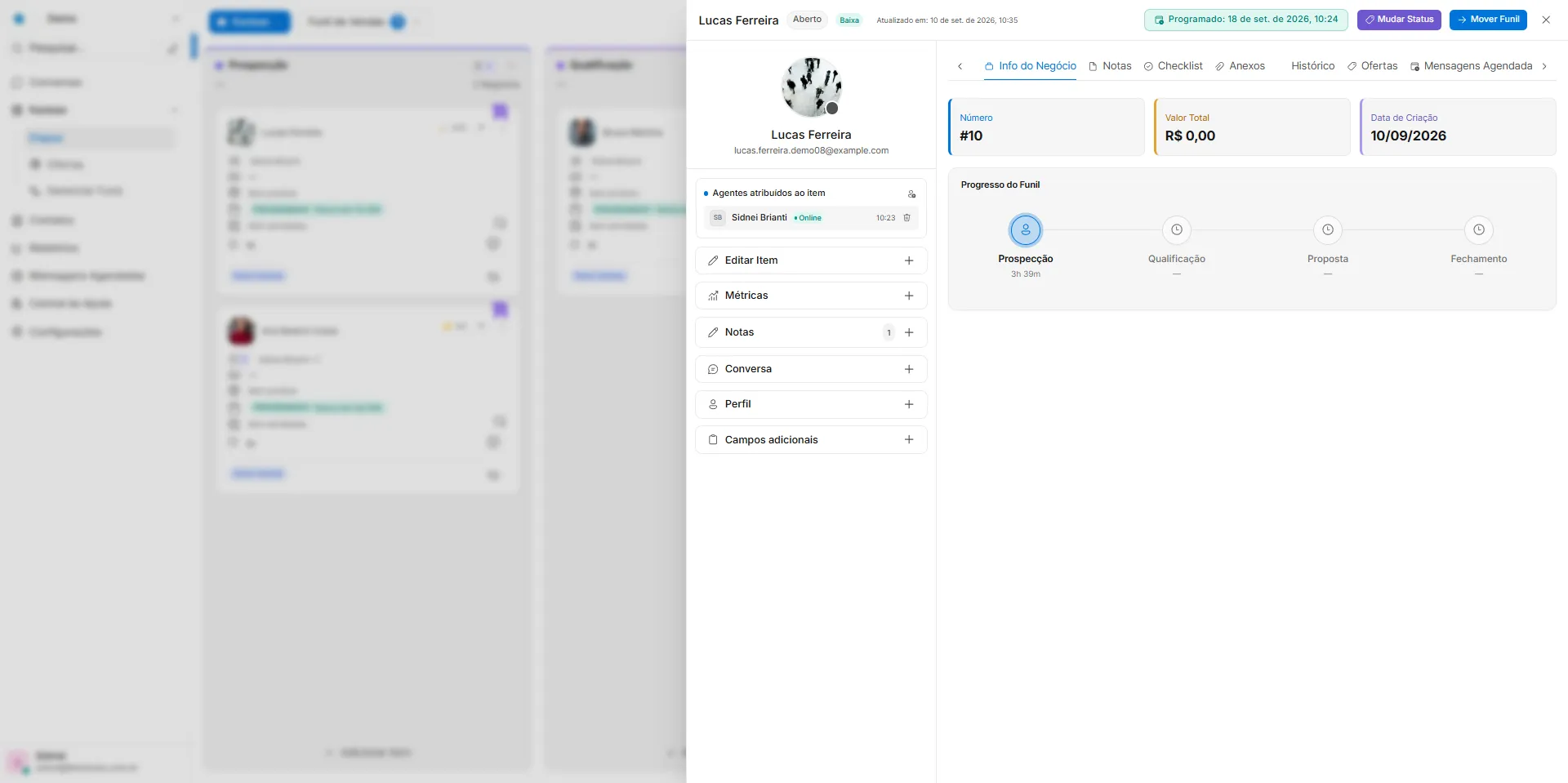 Detalhes de uma oportunidade do Chat Linkatudo com progresso do funil, agentes e informações do negócio.